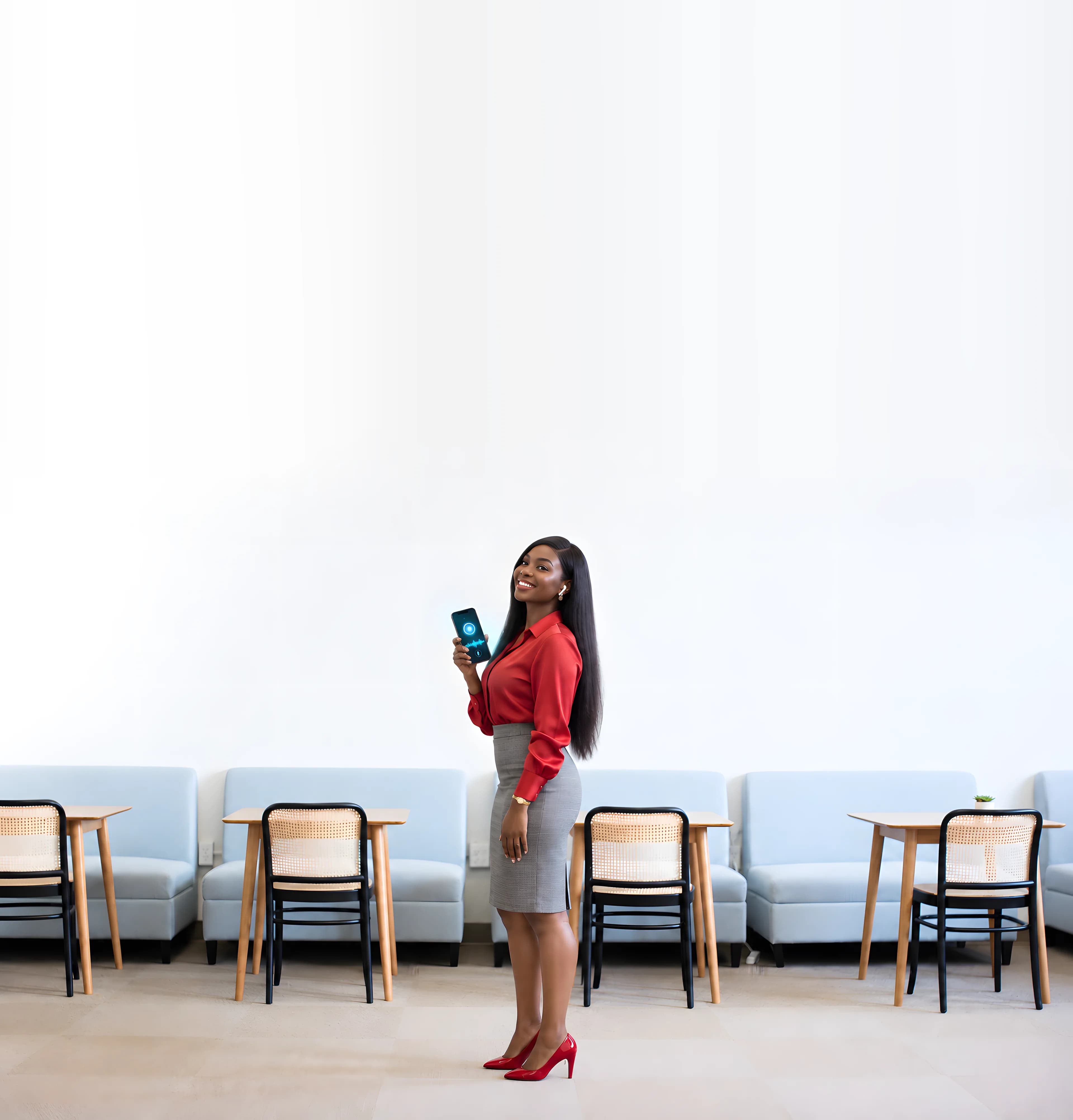 Une femme souriante, écouteurs aux oreilles, montre son téléphone en pleine conversation vocale, dans un espace de travail clair.